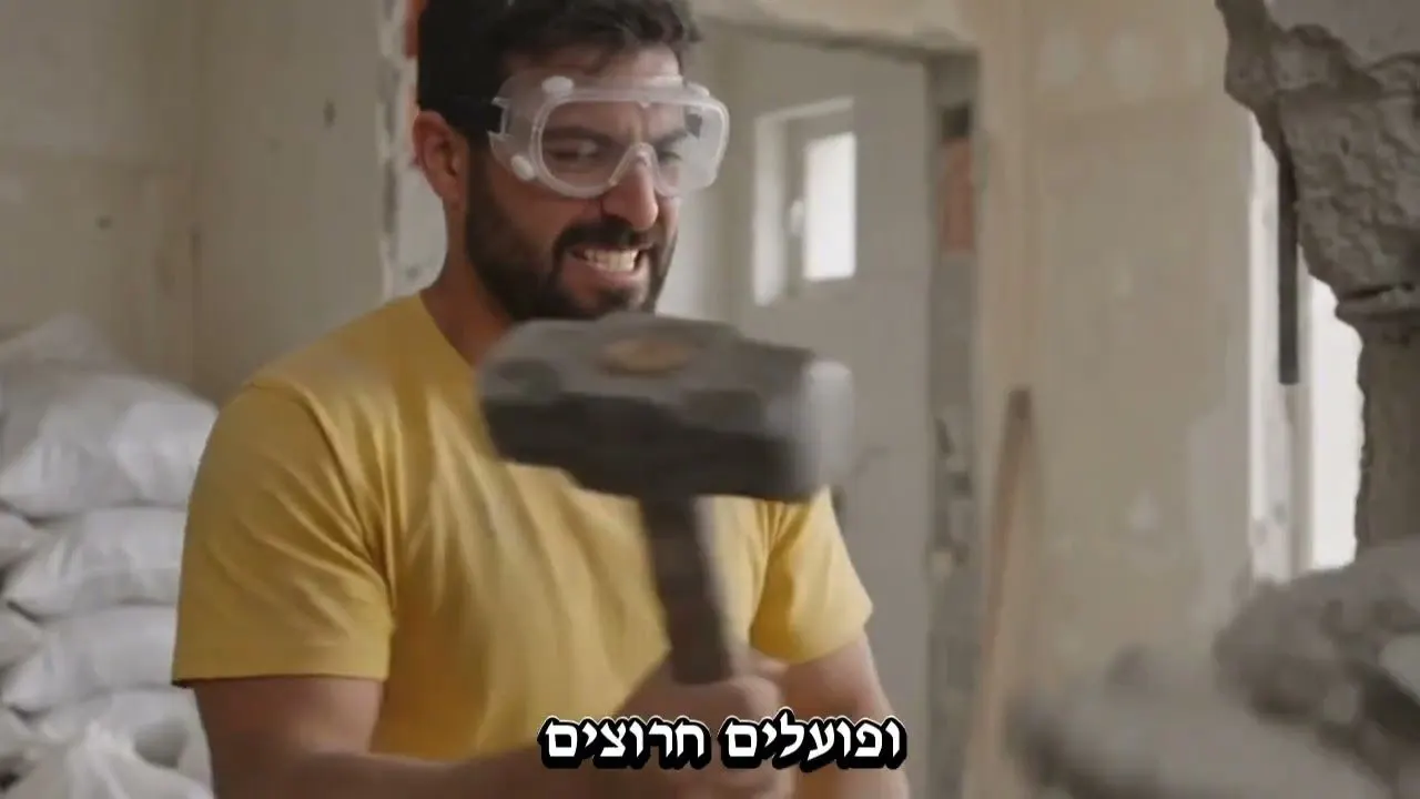 שיפוצניק עם פטיש בסטודיו — פריים מסרטון פרסומת לעסק שיפוצים
